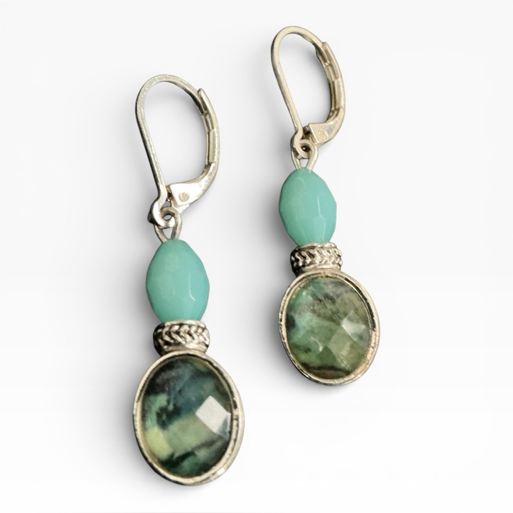 Sterling Silver‎ Teal Gemstone Drop Earrings Leverback Faceted Boho Dangle